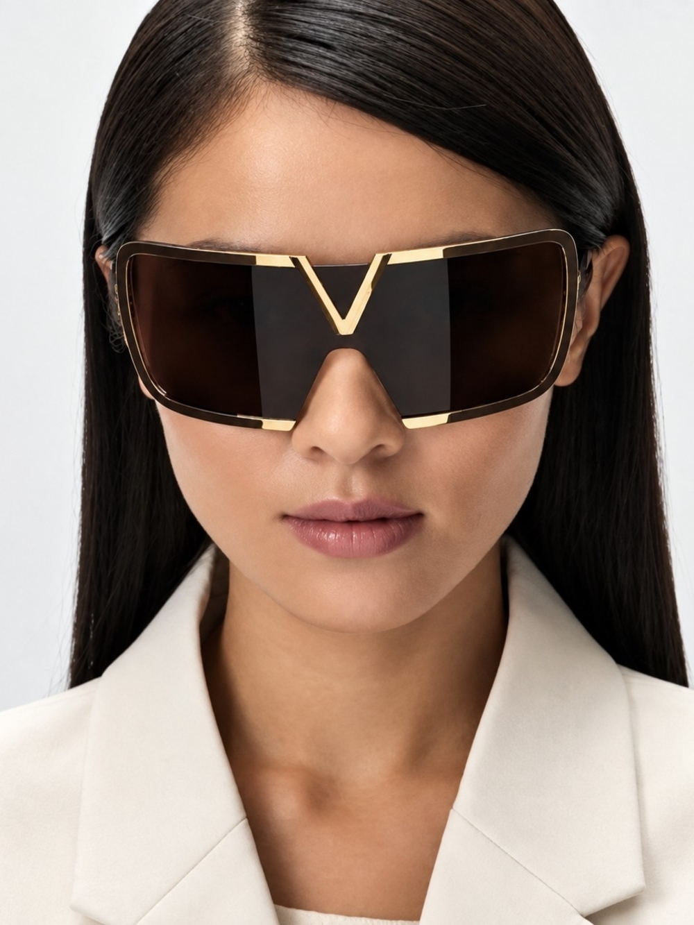 Valentino Garavani V-Shield Oversized Brown Sunglasses with Gold Accents